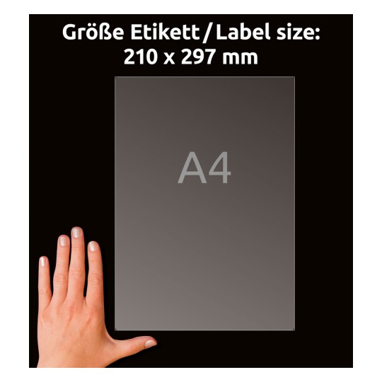 Størrelsessammenligning med hånd, Artikel: J8567-25, ét ark forsendelsesetiketter, format: 210 x 297 mm, farve: Transparent?
