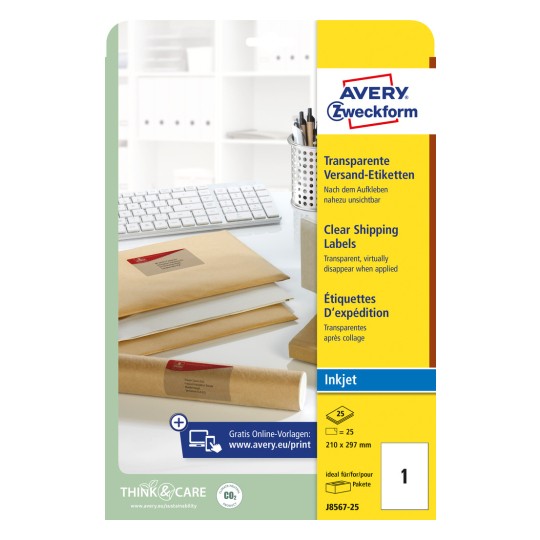 Pakkeillustration: Avery Zweckform Transparente Forsendelsesetiketter, til inkjetprintere, Artikel: J8567-25, Format: 210 x 297 mm, Printkompatibilitet: Inkjet, Indhold: 25 etiketter / 25 ark, 1 etiket/ark?