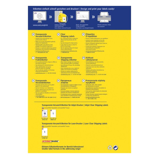 Billedet viser en reklameguide for Averys gennemsigtige fragtetiketter, der præsenterer forskellige typer etiketter til inkjet- og laserprintere. Det indeholder tekst på flere sprog og giver trin til effektivt at designe og printe etiketter.