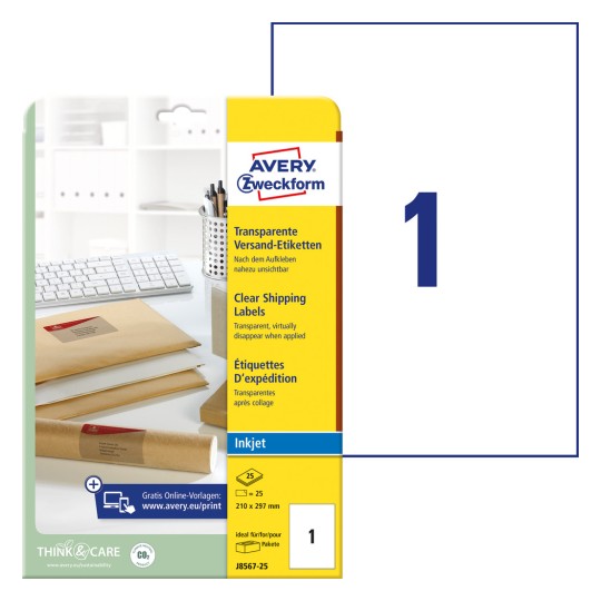 Forpakningsbillede med etiketark: Avery Zweckform Forsendelsesetiketter, Vare: J8567-25, Format: 210 x 297 mm, Printeregnethed: Inkjet, Indhold: 25 etiketter / 25 ark, 1 etiket/ark