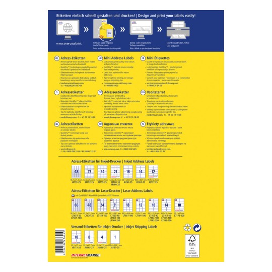 Billedet viser en vejledning til at designe og printe etiketter ved hjælp af Averys produkter, inklusive instruktioner, tips og specifikationer for forskellige etikette-typer på flere sprog.