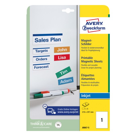 Pakkeillustration: Avery Zweckform magnetplader, Artikel: J8867-5, Format: 210 x 297 mm, Egnet til printer: Inkjet, Indhold: 5 etiketter / 5 ark, 1 etiket/ark?