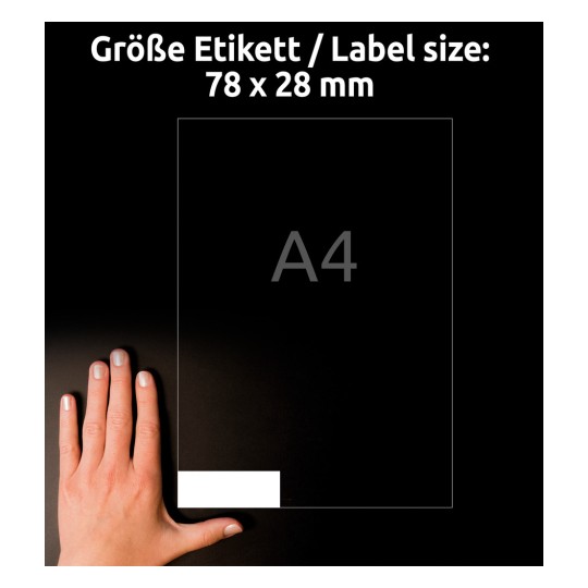 Størrelsessammenligning med hånd, artikel: J8871-5, et ark magnetskilte, format: 78 x 28 mm, farve: hvid?