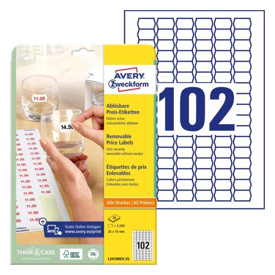 Etiketark med etiketterark: Avery Zweckform prisetiketter, artikel: L3410REV-25, format: 26 x 16 mm, velegnet til printere: Inkjet, laser s/h, farvelaser, indhold: 2.550 etiketter / 25 ark, 102 etiketter/ark.
