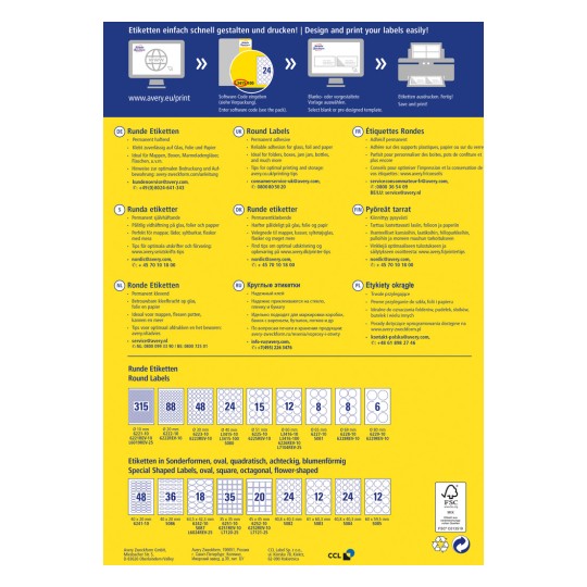 Billedet er en guide til at designe og printe etiketter, med runde etiketter i forskellige størrelser og beskrivelser på flere sprog. Det inkluderer tips, en QR-kode til softwareadgang og kontaktinformation til support.