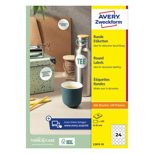 Pakkeillustration: Avery Zweckform Runde Etiketter, Artikel: L3415-10, Format: ⌀ 40 mm, Printeregnet: Inkjet, Laser sort/hvid, Farvelaser, Indhold: 240 etiketter / 10 ark, 24 etiketter/ark.