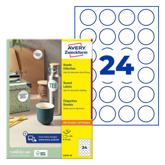 Pakningsbillede med etiketark: Avery Zweckform Runde Etiketten, Artikel: L3415-10, Format: ⌀ 40 mm, Printdriverhed: Inkjet, Laser s/h, Farvelaser, Indhold: 240 etiketter / 10 ark, 24 etiketter/ark.