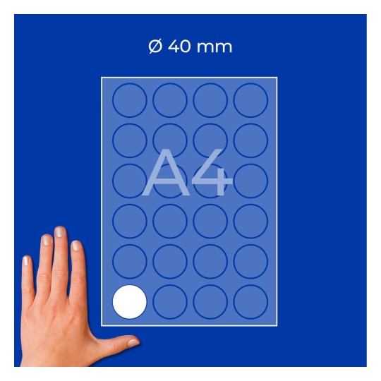 A4-ark overlay, der viser et gitter med cirkulære etiketter på 40 mm og en hånd nederst til venstre?