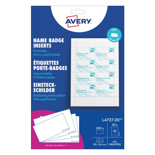 Pakningens billede: Avery Zweckform, Artikel: L4727-20, Format: 54 x 90 mm, Udskriftsmuligheder: Inkjet, Farvelaser, Laser s/h, Kopimaskine, Indhold: 200 indsætningsskilte / 20 ark, /ark?