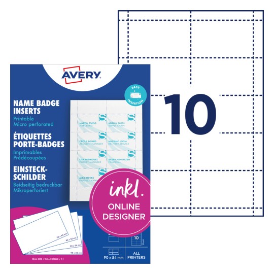 Pakkeillustration med etiketark: Avery Zweckform, Artikel: L4727-20, Indstiksskilte, Format: 54 x 90 mm, Print-egnethed: Inkjet,Farvelaser,Laser s/h,Kopimaskine, Indhold: 200 indstiksskilte / 20 ark, 10 kort/ark?