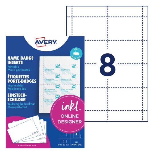 Pakkeillustration med etiketark: Avery Zweckform, Artikel: L4728-20, Indstikskilte, Format: 60 x 90 mm, Udskriftskompatibilitet: Inkjet, Farvelaser, Sort/hvid laser, Kopimaskine, Indhold: 160 indstikskilte / 20 ark, 8 kort/ark.