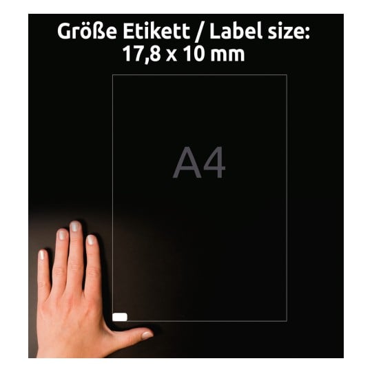 Størrelsessammenligning med hånd, artikel: L4730REV-25, et ark universal-etiketter, aftagelig, format: 17,8 x 10 mm, farve: hvid?
