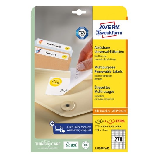 Pakningsbillede: Avery Zweckform Universal-etiketter, aftagelige, Artikel: L4730REV-25, Format: 17,8 x 10 mm, Printerkompatibilitet: Inkjet, Sort/hvid laser, Farvelaser, Indhold: 8.100 Etiketter / 30 ark, 270 Etiketter/ark