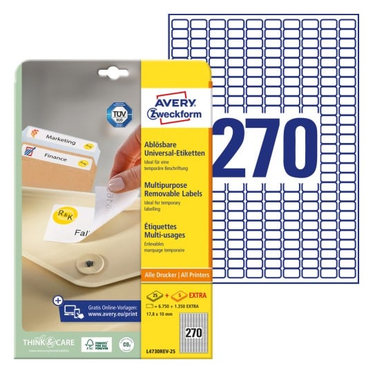 Pakningsbillede med etiketark: Avery Zweckform Universaletiketter, aftagelig, Artikel: L4730REV-25, Format: 17,8 x 10 mm, Printeregnethed: Inkjet, Laser s/h, Farvelaser, Indhold: 8.100 etiketter / 30 ark, 270 etiketter/ark.