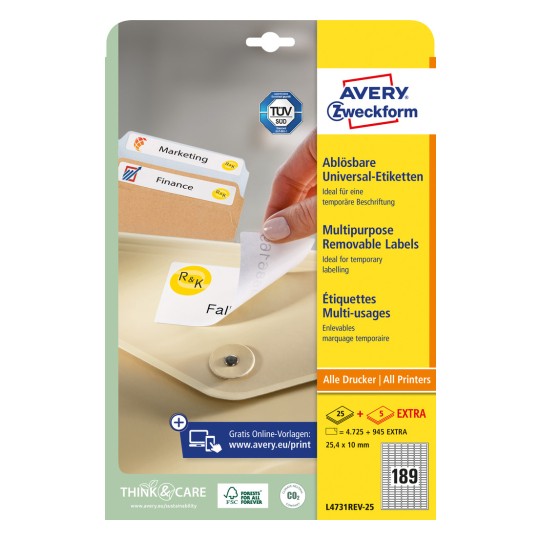 Pakningsbillede: Avery Zweckform Universal-etiketter, aftagelige, Artikel: L4731REV-25, Format: 25,4 x 10 mm, Udskriftskompatibilitet: Inkjet, Laser s/h, Farvelaser, Indhold: 5.670 etiketter / 30 ark, 189 etiketter/ark