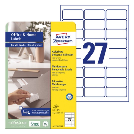 Etiketark med etiketark: Avery Zweckform etiketter, aftagelige, Home Office, Lille pakke, Artikel: L4737REV-10, Format: 63,5 x 29,6 mm, Printbarhed: Inkjet, Laser sort/hvid, Farvelaser, Indhold: 270 etiketter / 10 ark, 27 etiketter/ark.