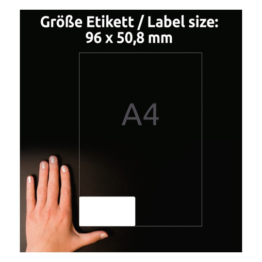 Størrelsessammenligning med hånd, Artikel: L4744REV-10, et ark etiketter, aftagelig, hjemmekontor, småpakke, format: 96 x 50,8 mm, farve: hvid?