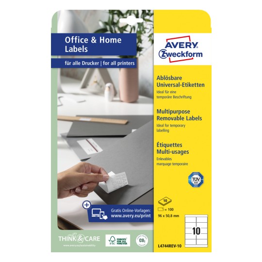 Pakningsbillede: Avery Zweckform Universaletiketter, aftagelige, Varenummer: L4744REV-10, Format: 96 x 50,8 mm, Print-egnethed: Inkjet, Laser s/h, Farvelaser, Indhold: 100 etiketter / 10 ark, 10 etiketter/ark