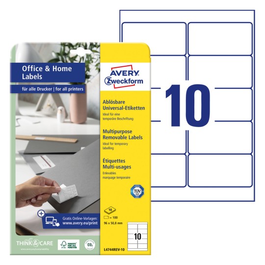 Forpakning med etiketark: Avery Zweckform etiketter, aftagelige, Hjemmekontor, Lille pakke, Artikel: L4744REV-10, Format: 96 x 50,8 mm, Printeregnet: Inkjet, Laser sort/hvid, Farvelaser, Indhold: 100 etiketter / 10 ark, 10 etiketter/ark.