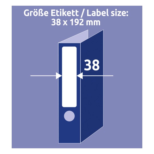 Størrelsessammenligning med hånd, Artikel: L4760-100, et ark med mappeetiketter, format: 38 x 192 mm, farve: hvid.