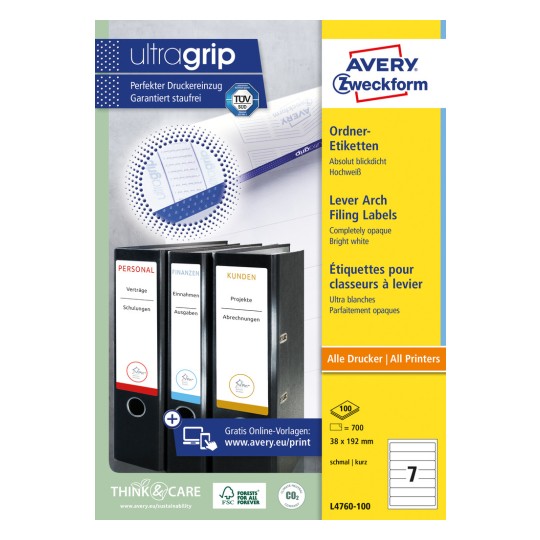 Pakningsbillede: Avery Zweckform mappeetiketter, artikel: L4760-100, format: 38 x 192 mm, printerkompatibilitet: Inkjet, Laser s/h, Farvelaser, indhold: 700 etiketter / 100 ark, 7 etiketter/ark?