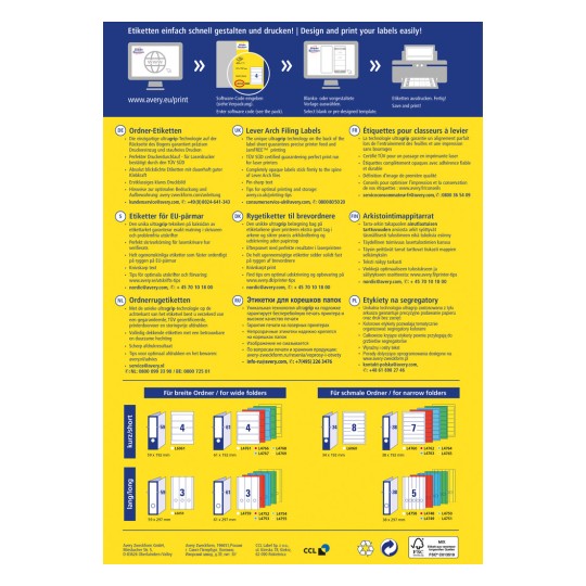 Billedet er en annonce for nemt at designe og printe etiketter, der indeholder information om etiketprodukter inklusive specifikationer, tips til print og forskellige etikettyper til mapper på flere sprog.
