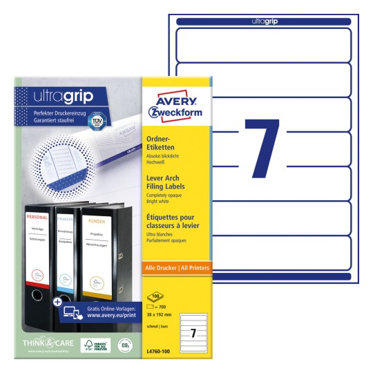 Pakningsbillede med etiketark: Avery Zweckform mappetiketter, Artikel: L4760-100, Format: 38 x 192 mm, Printeregnethed: Inkjet, Laser s/h, Farvelaser, Indhold: 700 etiketter / 100 ark, 7 etiketter/ark.
