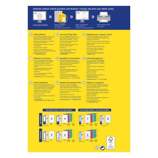 En informationsgrafik om etiketudskrivning, med instruktioner og vejledning på flere sprog, der beskriver forskellige etikettyper og specifikationer for arkivering og opbevaring.