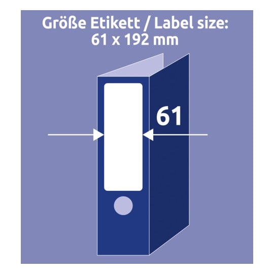 En illustration, der viser en etiketstørrelse på 61 x 192 mm til en ringbind eller mappe, med angivne mål.