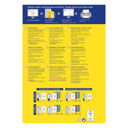 Billedet er en annonce for print og design af etiketter, med information om forskellige etiketter til ringbind, tips til udskrivning og en visuel guide til forskellige størrelser og typer af etiketter. Teksten er på flere sprog, herunder tysk, engelsk, dansk, finsk, russisk og polsk.