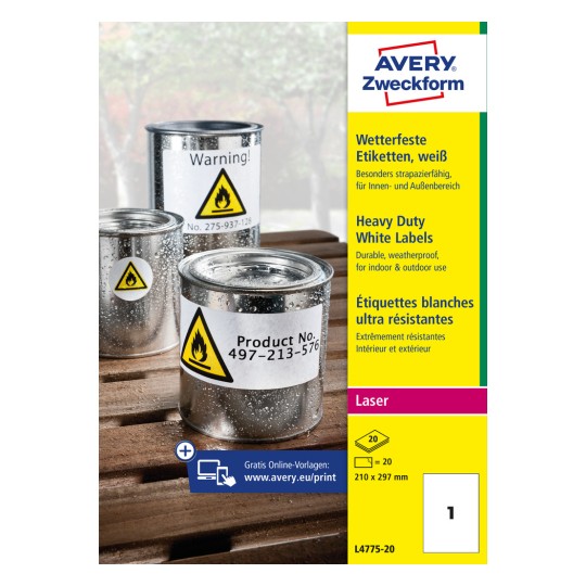 Pakkebillede: Avery Zweckform Vejrbestandige Folieetiketter til laserprintere, Varenummer: L4775-20, Format: 210 x 297 mm, Printeregnethed: Laser s/h, Farvelaser, Indhold: 20 etiketter / 20 ark, 1 etiket/ark.