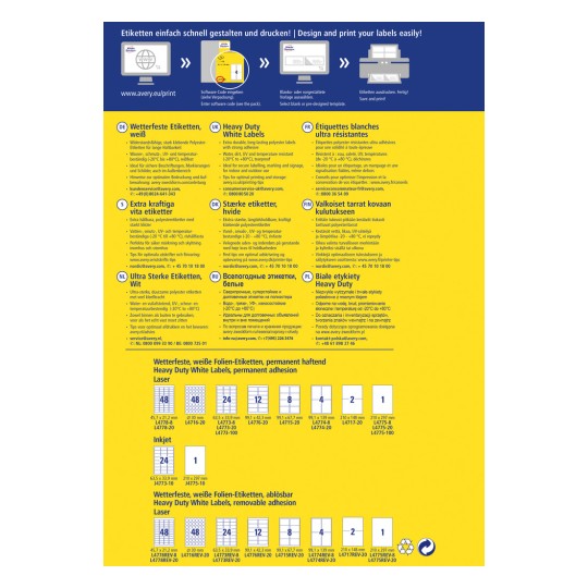 En informativ grafik, der beskriver forskellige typer Avery-etiketter, inklusive specifikationer for vejrbestandige, kraftige hvide etiketter og forskellige trykmuligheder. Den inkluderer også flersprogede instruktioner til brug af etiketternes og tips til print.