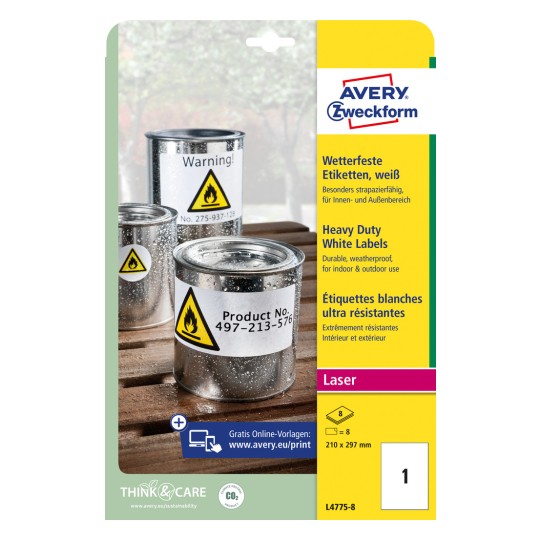 Pakningsbillede: Avery Zweckform Vejrbestandige Folie-Labels til laserprintere, Artikel: L4775-8, Format: 210 x 297 mm, Printeregnethed: Laser s/h, Farvelaser, Indhold: 8 etiketter / 8 ark, 1 etiket/ark?