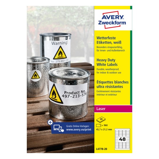 Emballagebillede: Avery Zweckform Vejrbestandige folie-etiketter til laserprintere, Artikel: L4778-20, Format: 45,7 x 21,2 mm, Printeregnethed: Sort/hvid laser, Farvelaser, Indhold: 960 etiketter / 20 ark, 48 etiketter/ark.