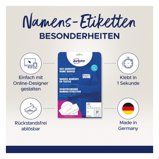 Billedet viser et pakket produkt af selvklæbende navneskilte fra Avery. Det fremhæver deres lette design, hurtige klæbetid og aftagelige klæbeegenskaber, med noget tekst på tysk og en note, der angiver, at produktet er fremstillet i Tyskland.