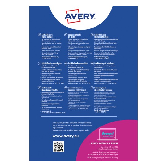 Billedet indeholder oplysninger om selvklæbende navneskilte fra Avery på flere sprog. Det inkluderer detaljer om anvendelser, tips til print og opbevaring samt kundeservice kontaktoplysninger.
