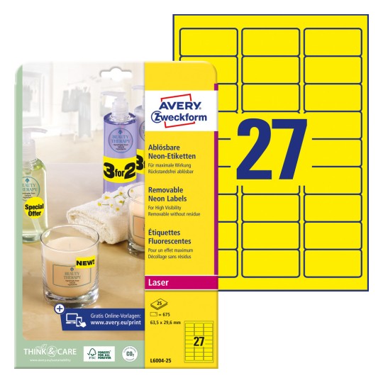 Pakningsbillede med etiketark: Avery Zweckform etiketter i specialfarver, Artikel: L6004-25, Format: 63,5 x 29,6 mm, Printkompatibilitet: Laser s/h, Farvelaser, Indhold: 675 etiketter / 25 ark, 27 etiketter/ark.