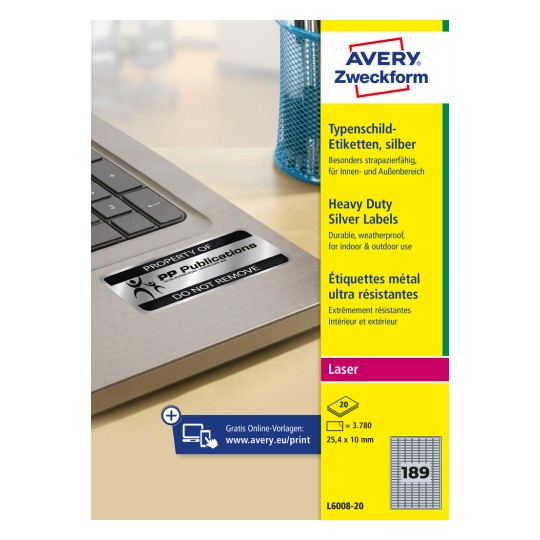 Pakkeillustration: Avery Zweckform Sølvfarvede typeskilt-etiketter, Artikel: L6008-20, Format: 25,4 x 10 mm, Printeregnethed: Laser sort/hvid, Indhold: 3.780 etiketter / 20 ark, 189 etiketter/ark?