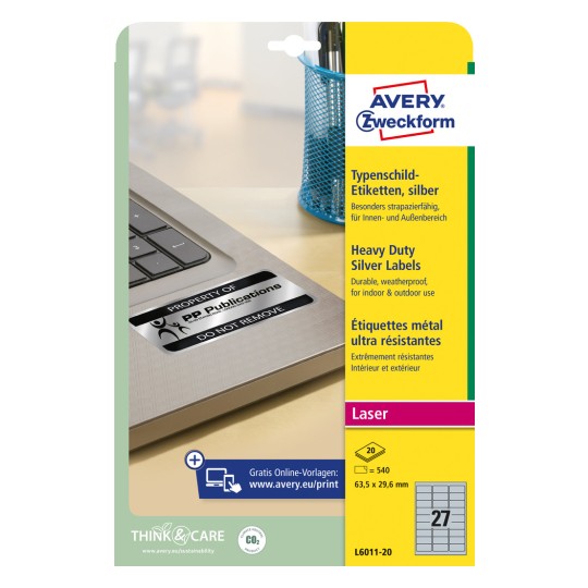 Pakkebillede: Avery Zweckform Sølv Typeplade-Etiketter, Artikel: L6011-20, Format: 63,5 x 29,6 mm, Tryksuitabilitet: Laser s/h, Indhold: 540 etiketter / 20 ark, 27 etiketter/ark.