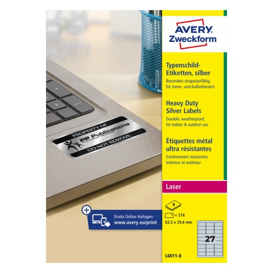 Pakningsbillede: Avery Zweckform Sølvfarvede typeskilt-etiketter, Artikel: L6011-8, Format: 63,5 x 29,6 mm, Velegnet til tryk: Laser s/h, Indhold: 216 etiketter / 8 ark, 27 etiketter/ark.