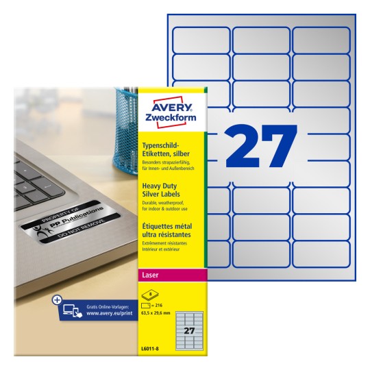 Pakkeillustration med etiketark: Avery Zweckform typeskilt-etiketter, Artikel: L6011-8, Format: 63,5 x 29,6 mm, tilpasning til printer: Laser s/h, indhold: 216 etiketter / 8 ark, 27 etiketter/ark?