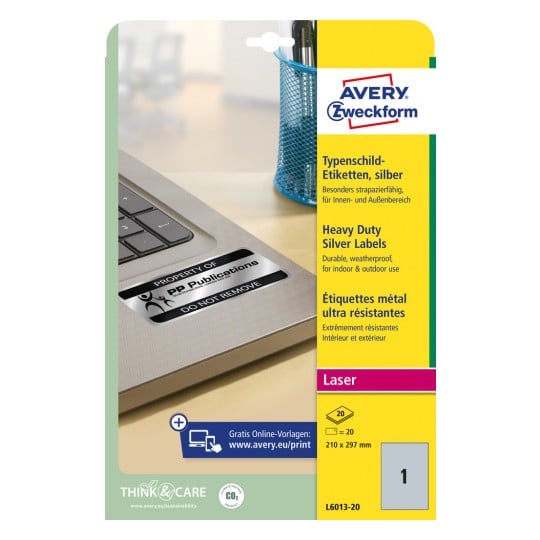 Pakningsbillede: Avery Zweckform Sølv Typeplade-etiketter, Artikel: L6013-20, Format: 210 x 297 mm, Printeregnet: Laser s/h, Indhold: 20 etiketter / 20 ark, 1 etiket/ark?
