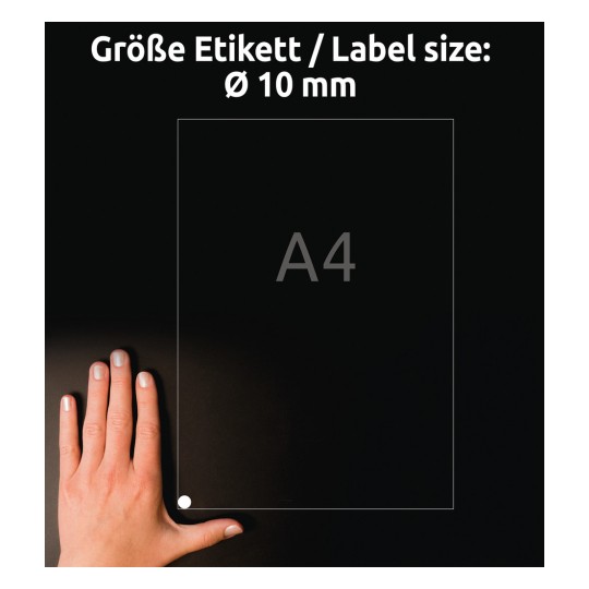 Størrelsessammenligning med hånd, artikel: L6019REV-25, et ark runde etiketter, aftagelig, format: ⌀ 10 mm, farve: hvid.