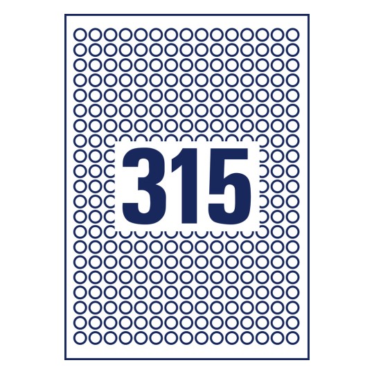 Stansemønster enkeltark A4, Artikel: L6019REV-25, Runde etiketter, aftagelige, Format: ⌀ 10 mm, 315 etiketter/ark?
