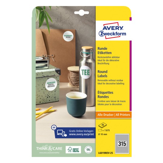 Emballagebillede: Avery Zweckform Runde Etiketter, Artikel: L6019REV-25, Format: ⌀ 10 mm, Printkompatibilitet: Inkjet, Laser s/h, Farvelaser, Indhold: 7.875 etiketter / 25 ark, 315 etiketter/ark.