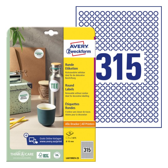 Pakningsbillede med etiketark: Avery Zweckform Runde Etiketten, aftagelig, Artikel: L6019REV-25, Format: ⌀ 10 mm, Udskrivningsegnethed: Inkjet, Laser s/h, Farvelaser, Indhold: 7.875 etiketter / 25 ark, 315 etiketter/ark.