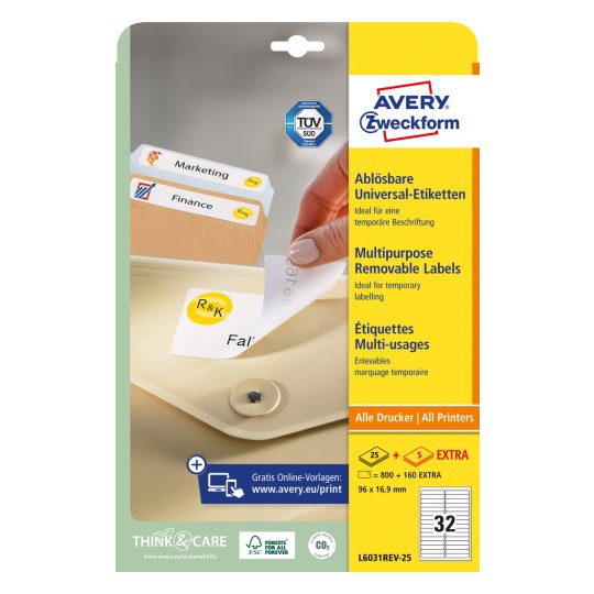 Pakningsbillede: Avery Zweckform Universal-etiketter, aftagelige, artikel: L6031REV-25, format: 96 x 16,9 mm, printeregnet: Inkjet, Laser sort/hvid, Farvelaser, indhold: 960 etiketter / 30 ark, 32 etiketter/ark
