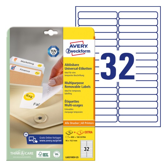 Pakkebillede med etiketteark: Avery Zweckform Universal-etiketter, aftagelige, Artikel: L6031REV-25, Format: 96 x 16,9 mm, Udskriftskompatibilitet: Inkjet, sort/hvid laser, farvelaser, Indhold: 960 etiketter / 30 ark, 32 etiketter/ark.