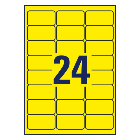 Stansetegning enkeltark A4, Vare: L6035-20, Farvede etiketter, aftagelige, Format: 63,5 x 33,9 mm, 24 etiketter/ark