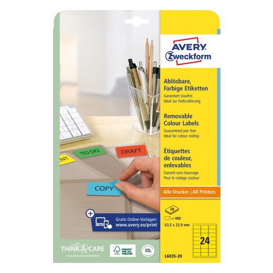 Pakningsbillede: Avery Zweckform Farvede Organisations-Etiketter, aftagelige, Artikel: L6035-20, Format: 63,5 x 33,9 mm, Printeregnet: Inkjet, Laser s/h, Farvelaser, Indhold: 480 etiketter / 20 ark, 24 etiketter/ark